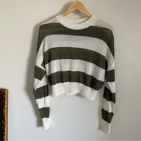 Madewell Loose Knit Crewneck Cropped Lightweight Striped Green White Sweater S - Picture 1 of 8